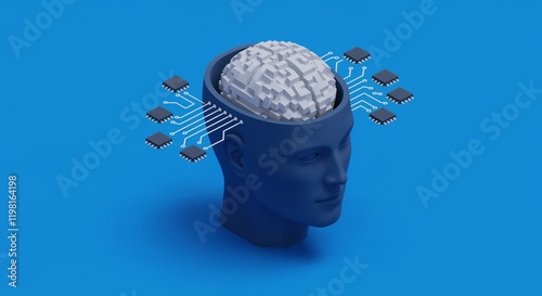 Representation of a human brain integrated with neural chip technology, signifying the fusion of human cognition and artificial intelligence on a blue background.

