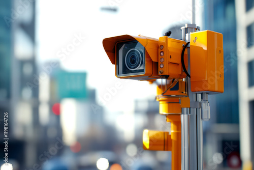 A vibrant yellow surveillance camera mounted on a pole, overlooking a bustling city street filled with buildings and blurred traffic in the background. photo