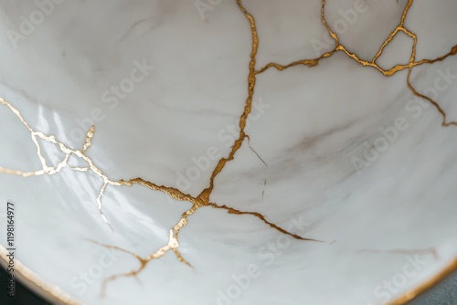 A white bowl restored with gold powder through the Japanese technique of kintsugi photo