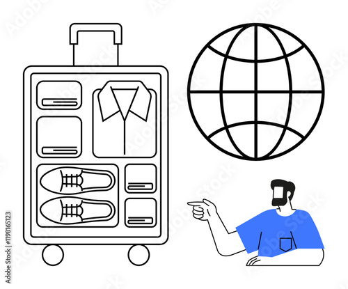 Packed suitcase with clothes and shoes, globe signifying travel, person in blue shirt pointing. Ideal for travel preparation, vacation, organization, packing tips, global travel, tourism