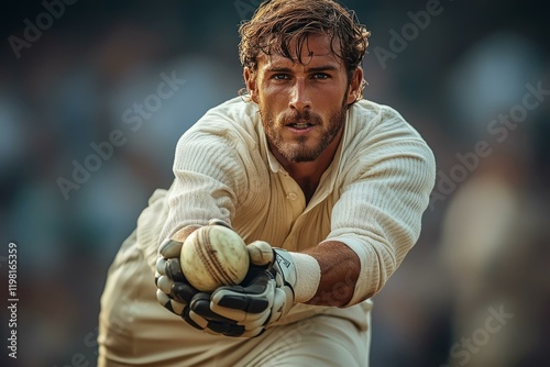  Intense cricket action shot of athlete in dynamic pose catching ball during match with focused determination