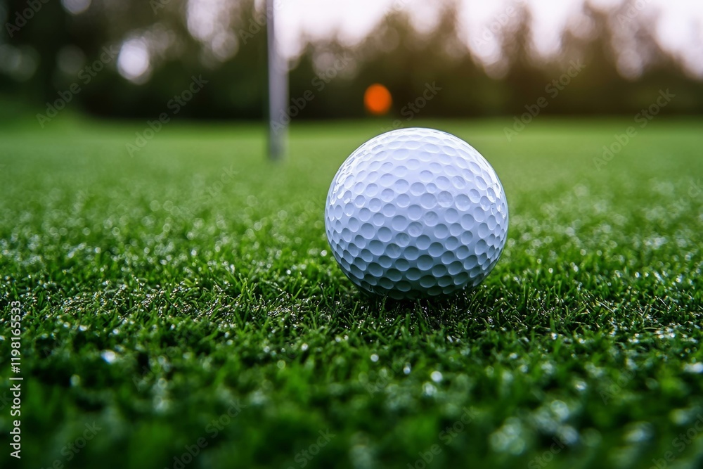 Naklejka premium Close-up of golf ball on lush green grass with blurred flag in background, capturing golf precision and focus.
