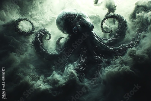 A giant octopus emerges from the dark depths, its tentacles swirling in a cloud of eerie green smoke.