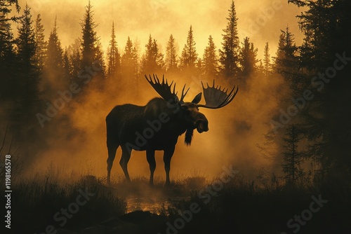 Silhouetted moose stands in misty forest at dawn. Perfect for nature, wildlife, or wilderness themes. photo