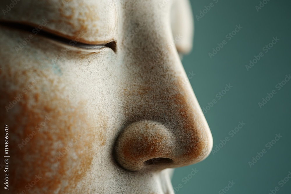 Close-up view of a serene sculpture highlighting intricate facial features, capturing tranquility and artistry Close-up view of a serene sculpture highlighting intricate facial features, capturing tranquility and artistry