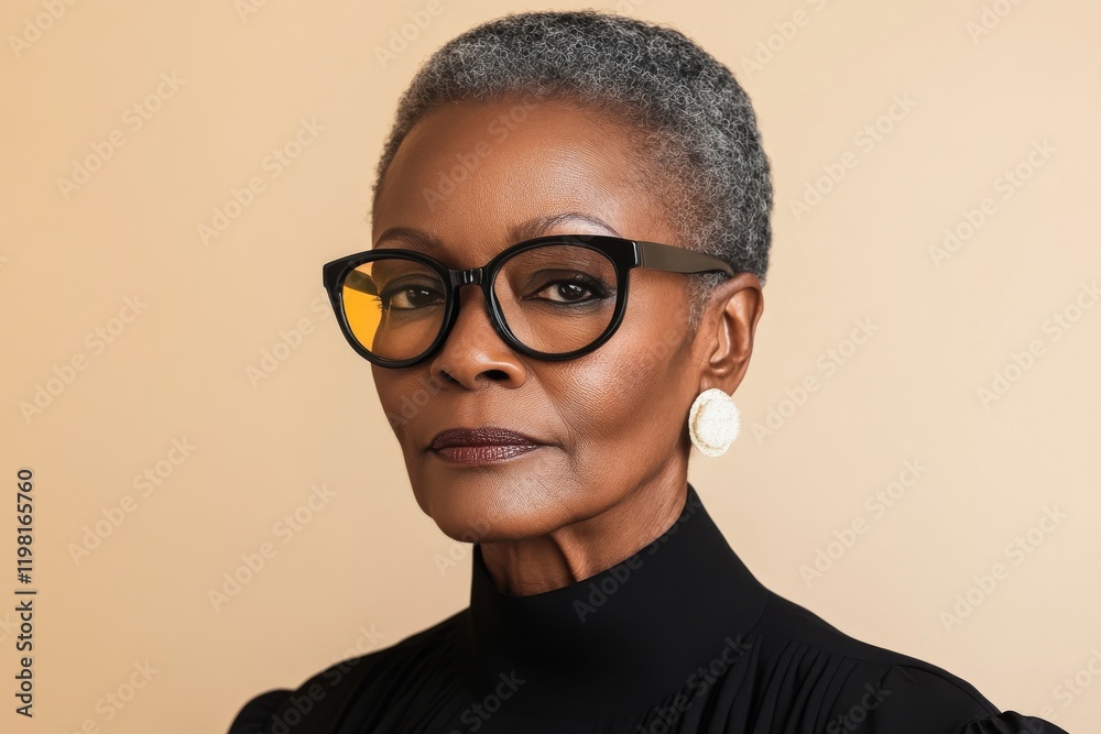 Confident woman wearing stylish glasses poses against a neutral background with a serious expression and elegant attire Confident woman wearing stylish glasses poses against a neutral background with a serious expression and elegant attire