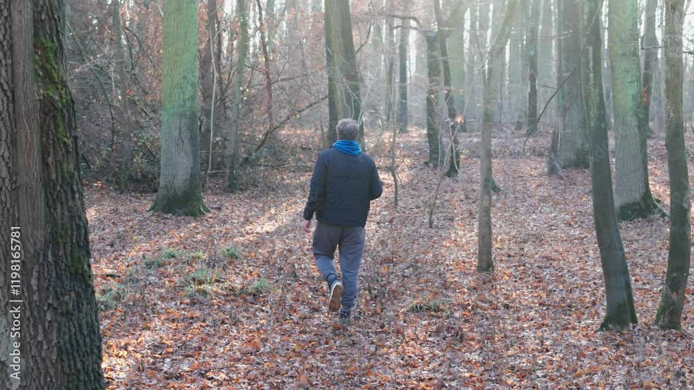 A man walks through an autumn forest, slow motion shows him kicking leaves as sunlight filters through the trees. Mist creates a calm atmosphere. A man walks through an autumn forest, slow motion shows him kicking leaves as sunlight filters through the trees. Mist creates a calm atmosphere.