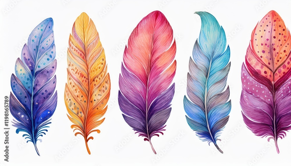 Delicate Watercolor Textured Feathers Set, Artistically Isolated Against a Crisp White Background, Showcasing the Beauty of HandDrawn Avian Details. Delicate Watercolor Textured Feathers Set, Artistically Isolated Against a Crisp White Background, Showcasing the Beauty of HandDrawn Avian Details.