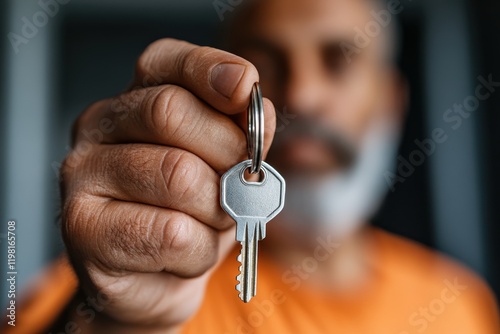 A close-up of a man holding a key with a determined look, representing new beginnings, opportunity, and the importance of direction in life and decision-making. photo