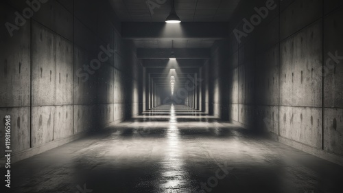 A dimly lit, industrial corridor with concrete walls and a reflective floor, creating an eerie and mysterious atmosphere.