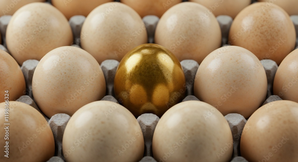 A golden egg symbolizing uniqueness nestled among ordinary eggs in a tray, representing individuality and special qualities in a group. A striking metaphor for distinction and originality.
A golden egg symbolizing uniqueness nestled among ordinary eggs in a tray, representing individuality and special qualities in a group. A striking metaphor for distinction and originality.