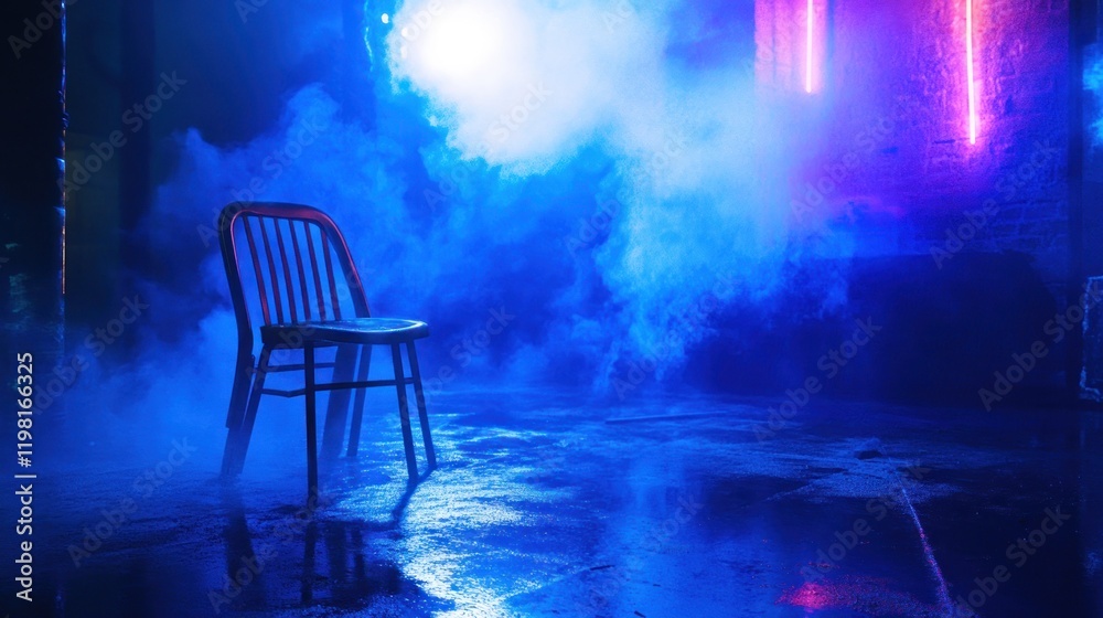 Empty chair in a smoky, neon-lit room. Empty chair in a smoky, neon-lit room.