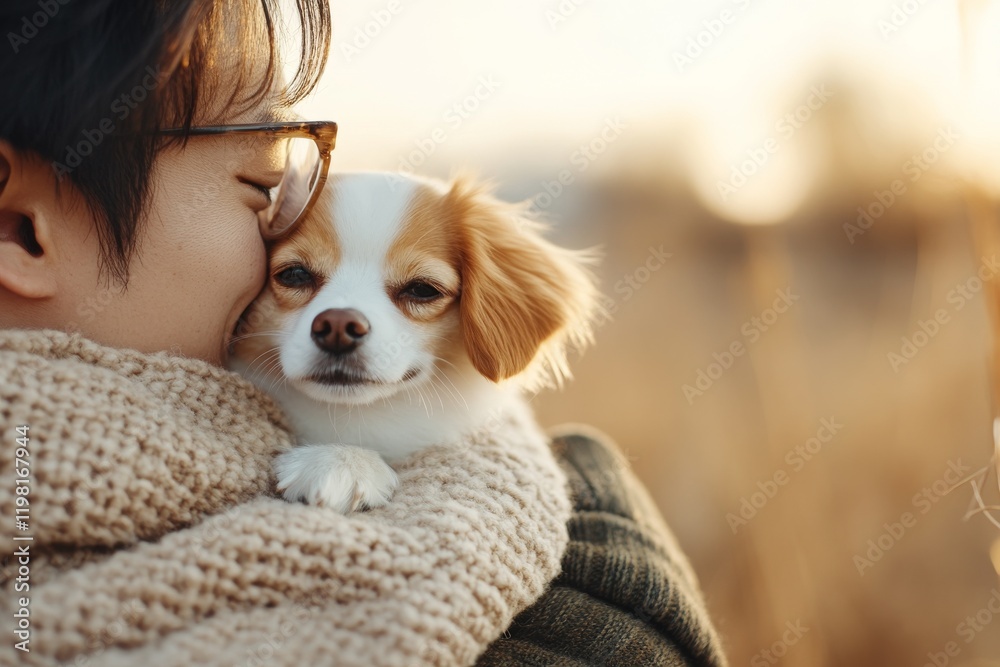 Joyful embrace between a person and a small dog during a golden hour sunset in a serene outdoor setting Joyful embrace between a person and a small dog during a golden hour sunset in a serene outdoor setting