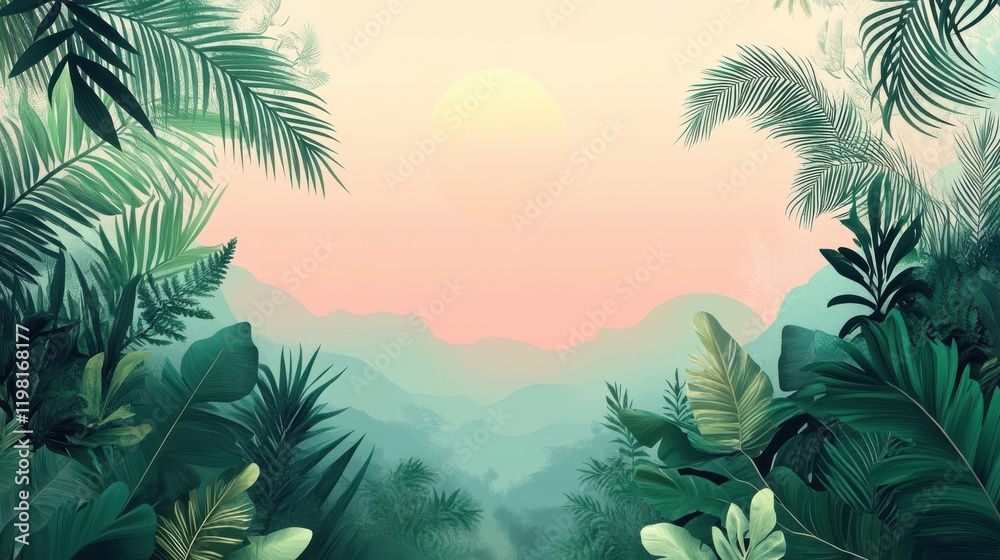 Naklejka premium Tranquil sunset view framed by lush tropical foliage.
