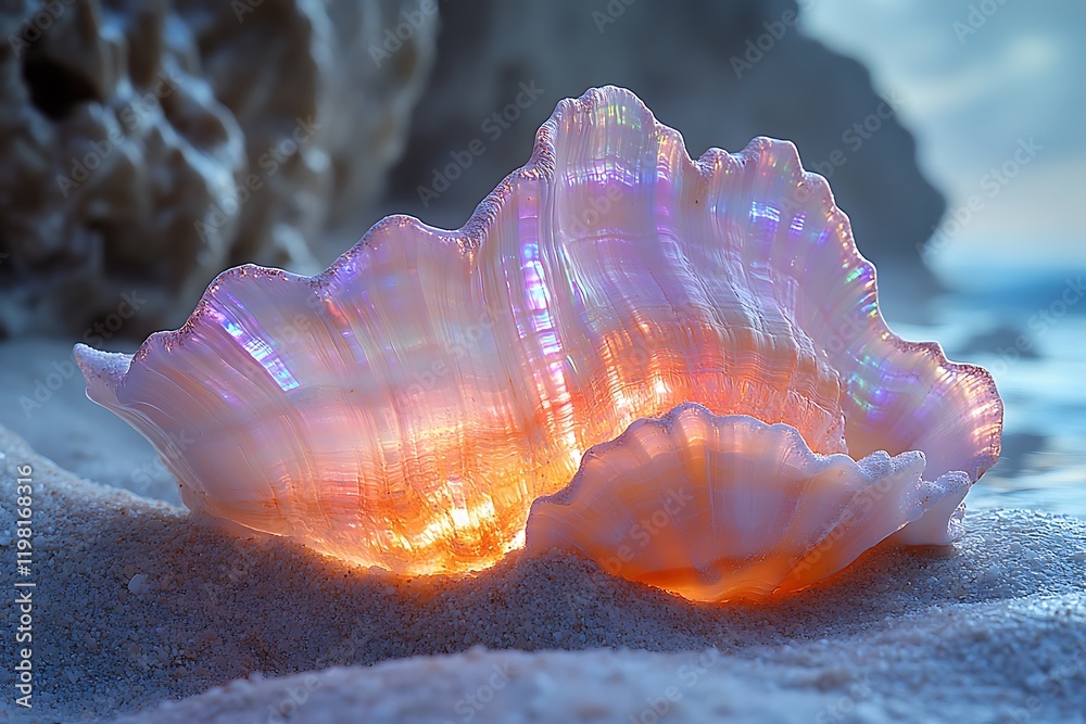 An iridescent seashell glows on the sand at sunset. An iridescent seashell glows on the sand at sunset.