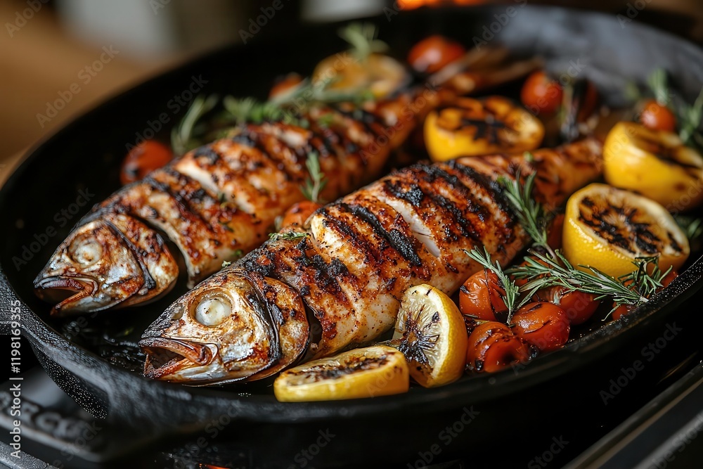 a rustic seafood feast featuring whole grilled fish arranged on a weathered black cast iron skillet, flames dancing below, with aromatic herbs and charred lemon wedges