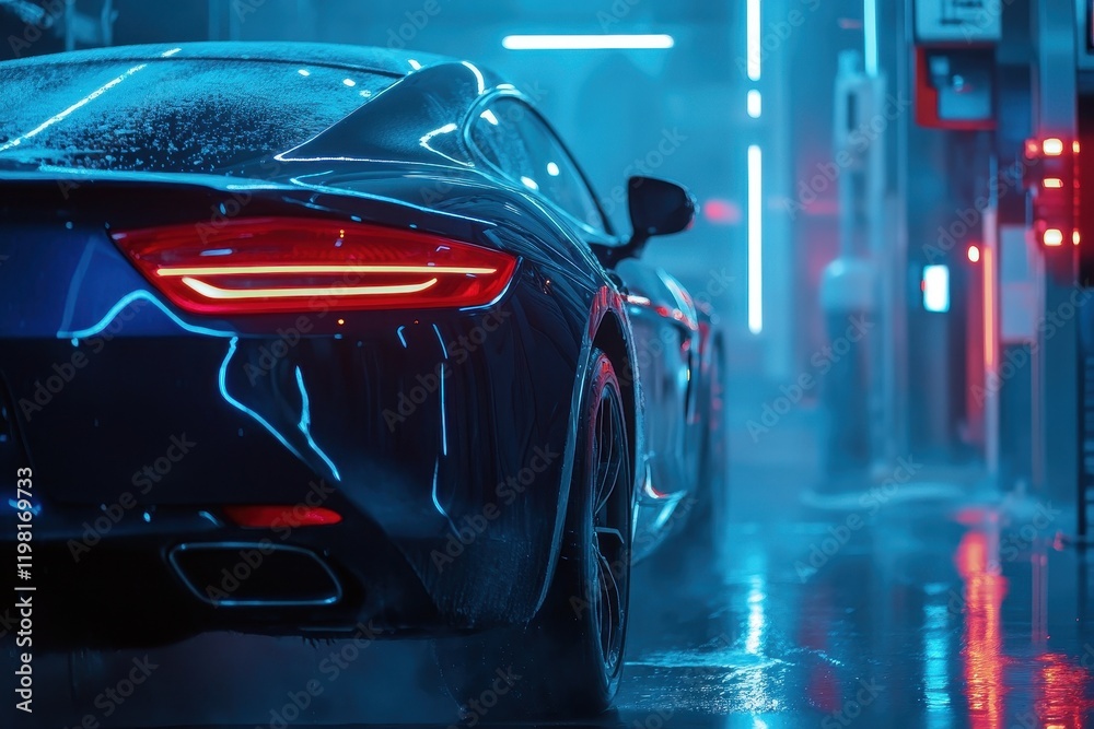 Fototapeta premium Automated vehicle cleaning station Blue car being washed with brush