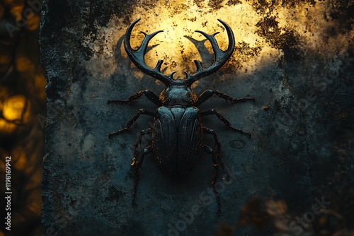 A fantastical stag beetle with dark, chitinous armor and elegant antlers rests upon a textured rock, bathed in golden light. photo