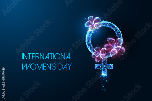 International Womens Day concept web banner with glowing female symbol decorated with flowers 