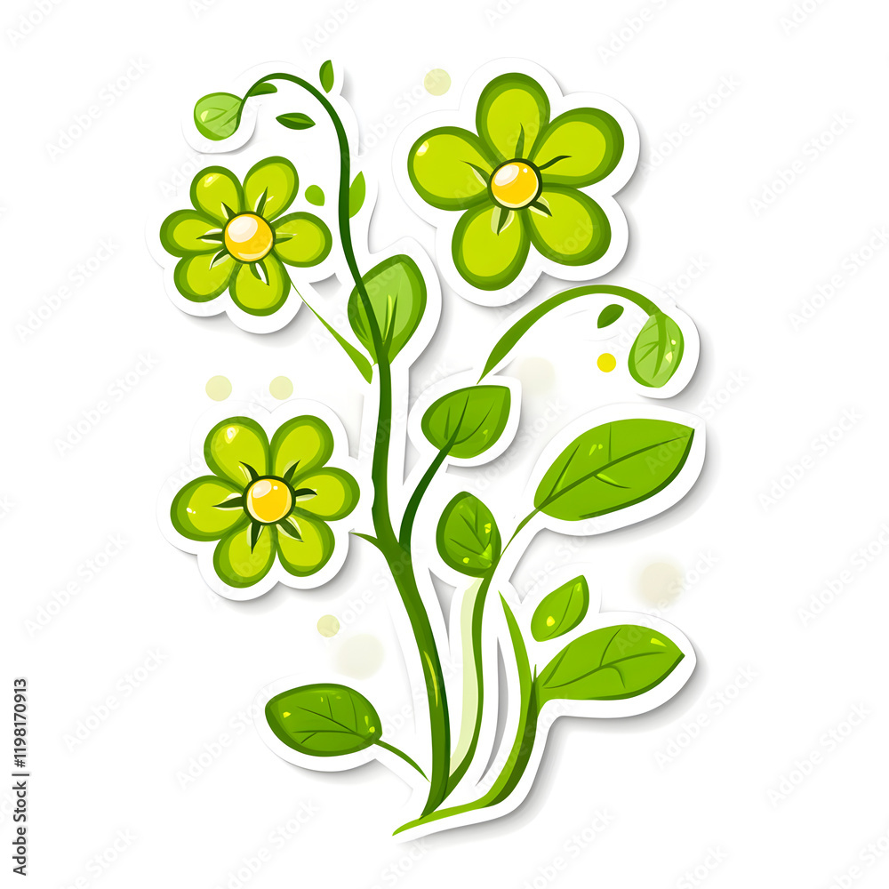 Vibrant Green Flower Sticker Vector Art on White Background