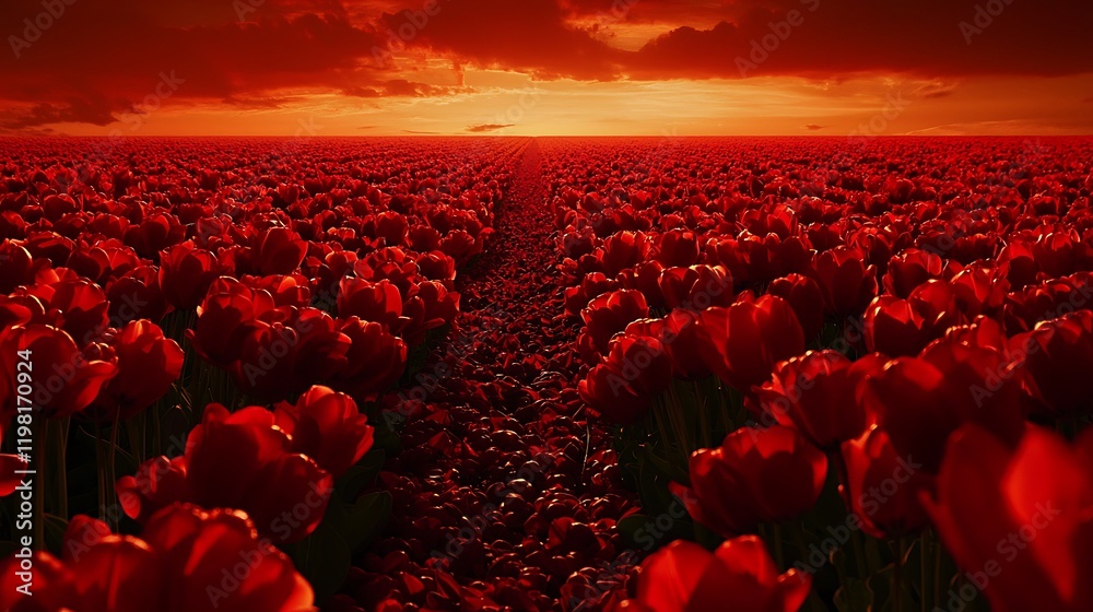 Obraz premium Red tulip field sunset path; fiery sky, romance, nature