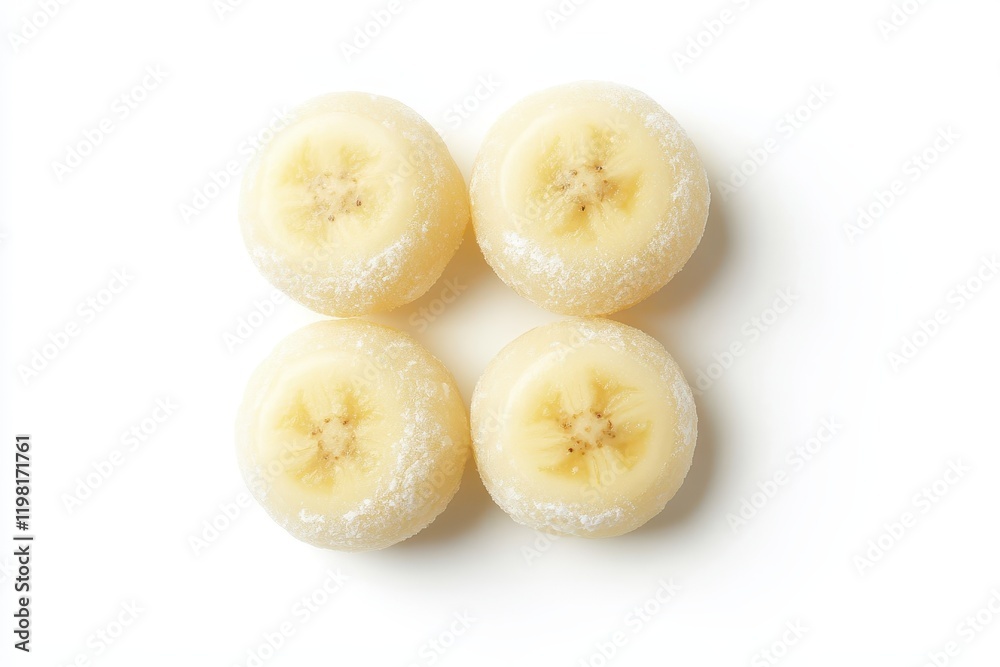 Banana topped wagashi mochi viewed from above on a white background Banana topped wagashi mochi viewed from above on a white background