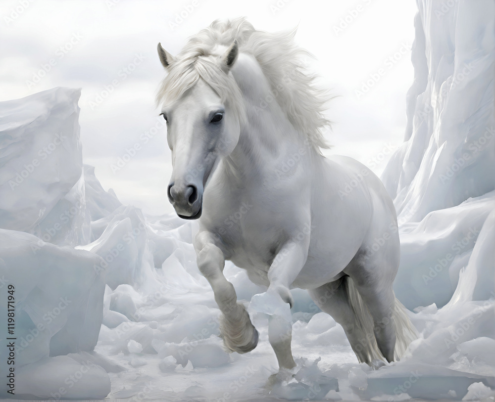 beautiful white horse running at arctic ocean with icebergs. close up. Digital artwork. Ai generated