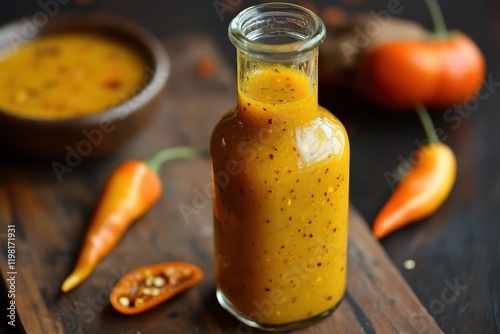 Bottle of homemade organic habanero sauce
