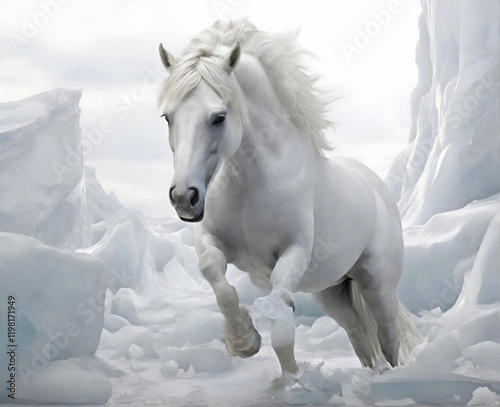 Obraz na płótnie beautiful white horse running at arctic ocean with icebergs. close up. Digital artwork. Ai generated w salonie