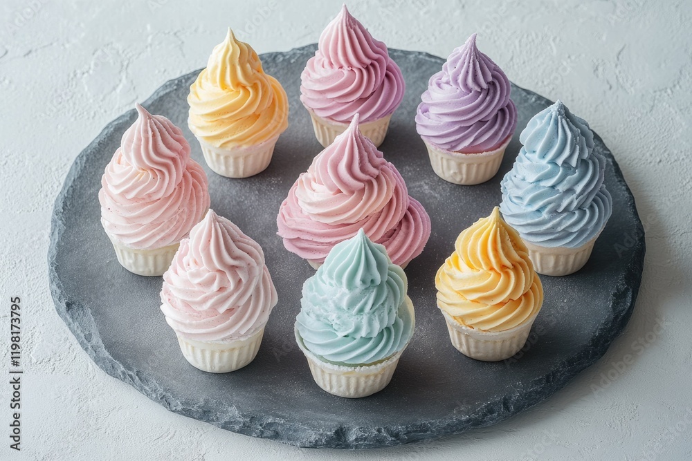 Pastel-colored cupcakes arranged on a dark gray stone platter. Pastel-colored cupcakes arranged on a dark gray stone platter.