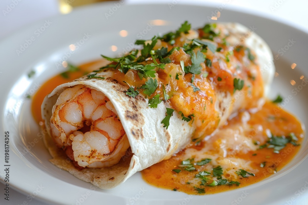 Delicious shrimp burrito with a spicy orange sauce, garnished with cilantro. Delicious shrimp burrito with a spicy orange sauce, garnished with cilantro.