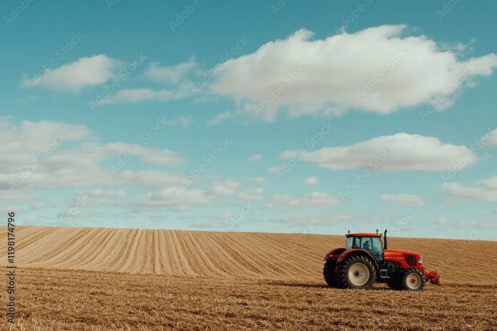 Obraz premium Red tractor working on a plowed field under blue skies with fluffy clouds in rural landscape. Generative AI