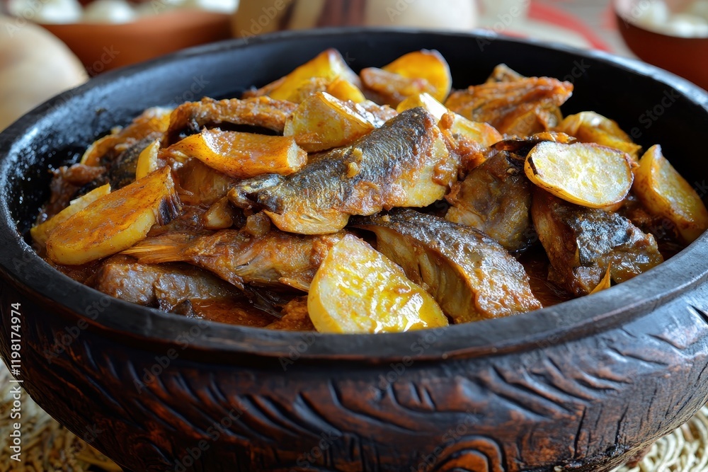 Calulu a staple in Angolan food can feature fish or dried meat and is typically paired with funge Calulu a staple in Angolan food can feature fish or dried meat and is typically paired with funge