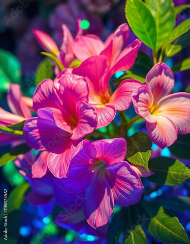 A vibrant floral wallpaper design, featuring large blossoms and leaves, with a bright and cheerful atmosphere.