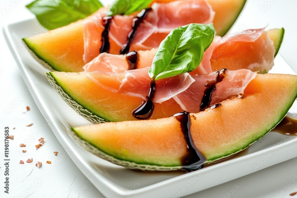 Cantaloupe slices topped with prosciutto balsamic sauce and basil on a white plate Italian starter Close up Nutritious dish Cantaloupe slices topped with prosciutto balsamic sauce and basil on a white plate Italian starter Close up Nutritious dish