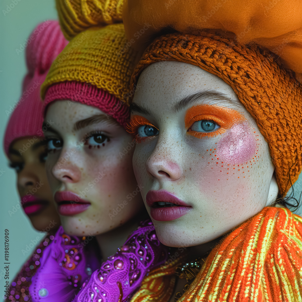 Obraz premium Three women with colorful face paint, with one woman wearing blue and the other two wearing green and orange. The women are posing for a photo, and the overall mood of the image is playful and fun