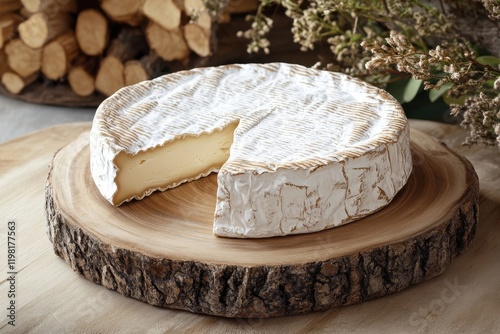 Cheese wheel on wooden board with clipping path photo