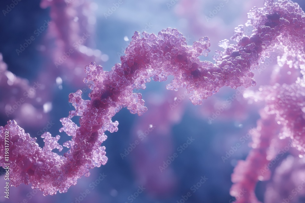 Fototapeta premium Close up view of molecular RNA chain surrounded by various viruses in a detailed scientific visualization. Generative AI