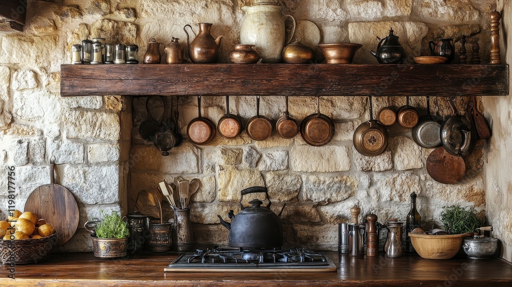 Fototapeta premium Rustic kitchen with copper pots, pans, and antique stone wall. Perfect for blogs, magazines, or websites showcasing vintage cooking or home design.