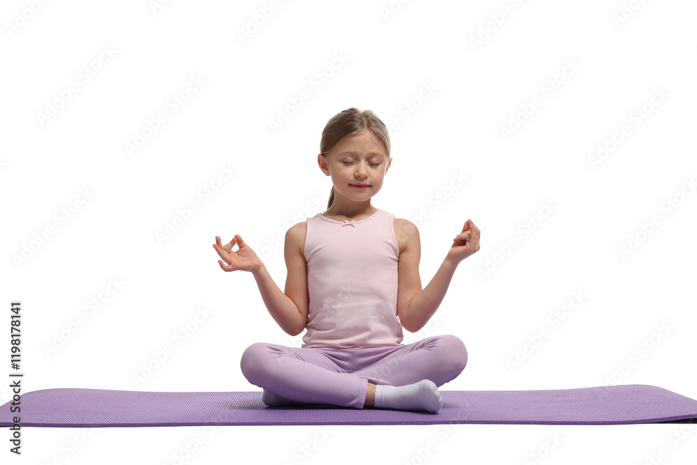 Little girl exercising on fitness mat against white background Little girl exercising on fitness mat against white background