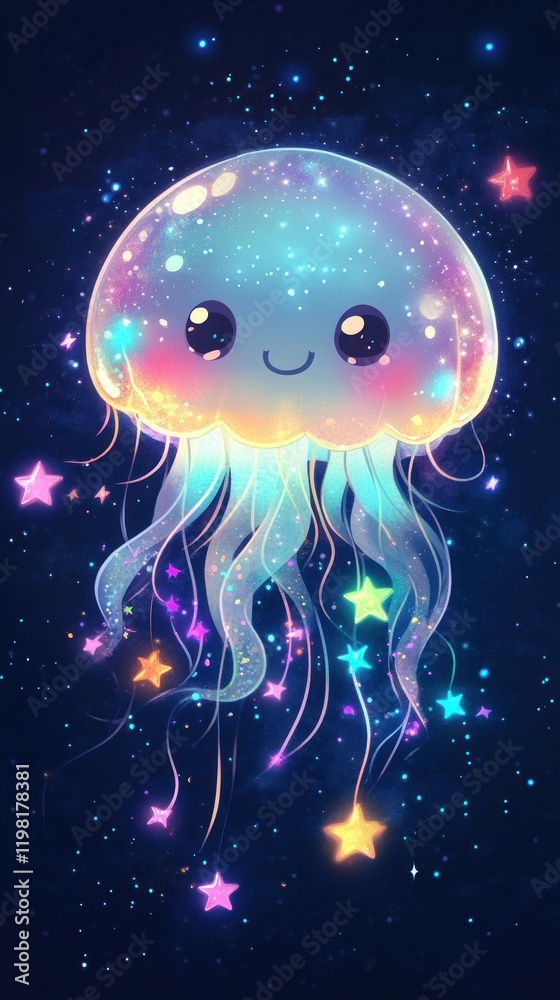 Fototapeta premium Cute glowing jellyfish with stars.