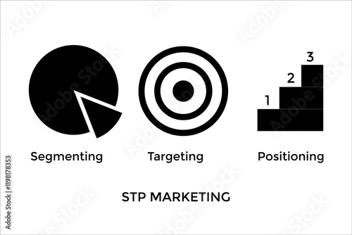 Segmenting, Targeting, Positioning Marketing. Bold Black Icons