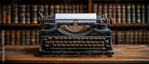 [Vintage typewriter desk setup for lawyers studying] Vintage Typewriter Amidst Law Books and Wooden Desk
