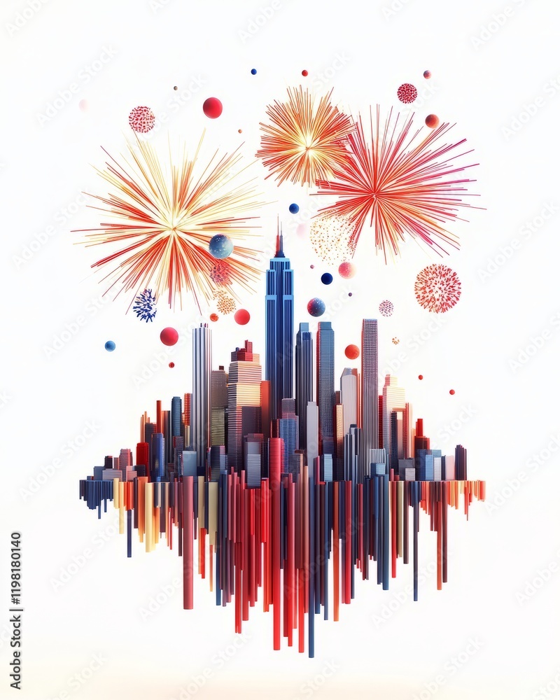 Modern flat illustration of fireworks over city skyline for Independence Day celebrations showcasing patriotism freedom and USA Modern flat illustration of fireworks over city skyline for Independence Day celebrations showcasing patriotism freedom and USA