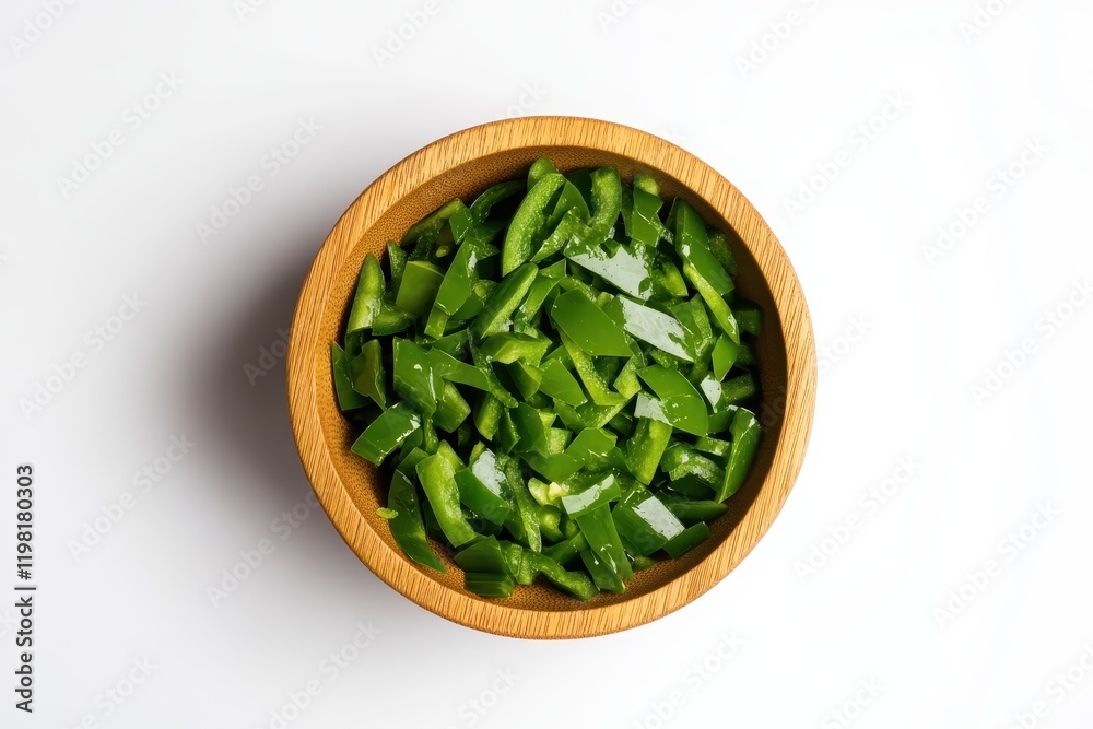 Chopped jalapeño in a wooden bowl on a white surface Green chili from above Chopped jalapeño in a wooden bowl on a white surface Green chili from above