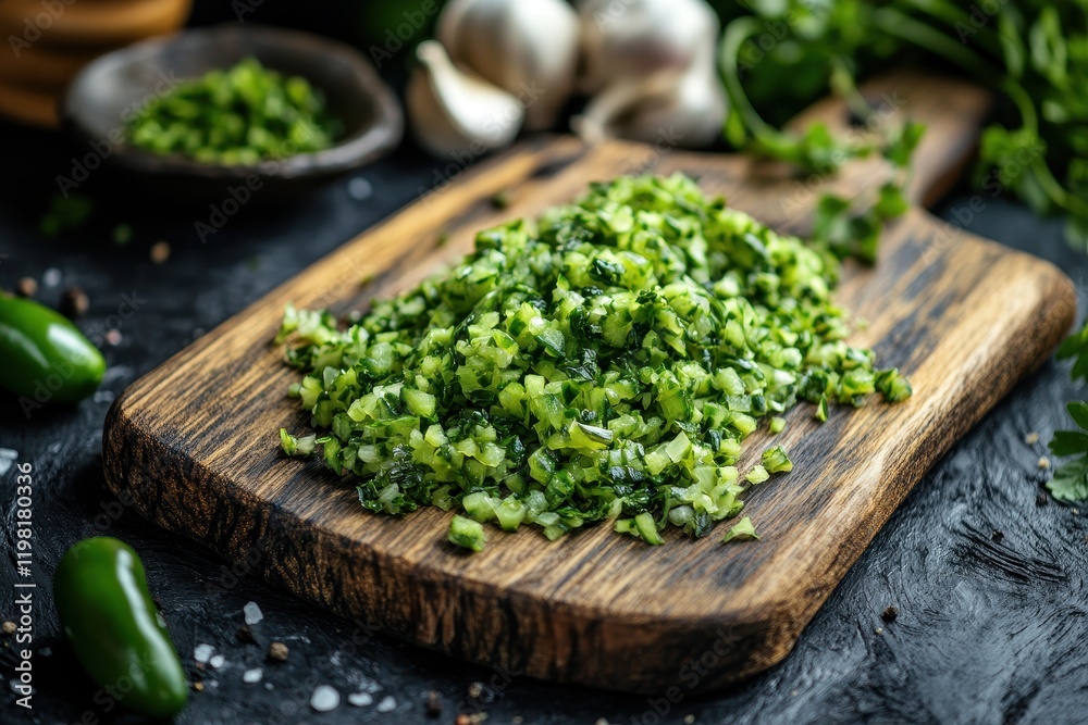 Chopped jalapeño on a wooden board Chopped jalapeño on a wooden board