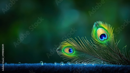 [Peacock feathers closeup display vibrant blue and green colors in nature] Peacock Fan Display Attracting Mates Serene Landscape Background