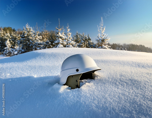 soldier s helmet lying on the snow photo