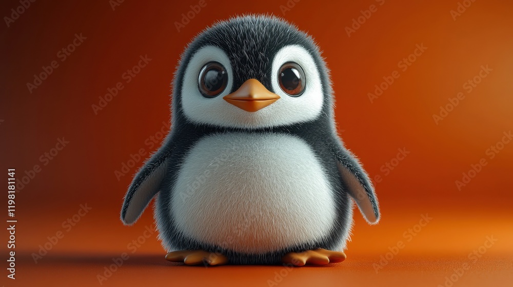 [Animated cartoon anthropomorphic penguin looking up curiously] Animated Anthropomorphic Penguin Standing on Orange Surface Looking Upwards