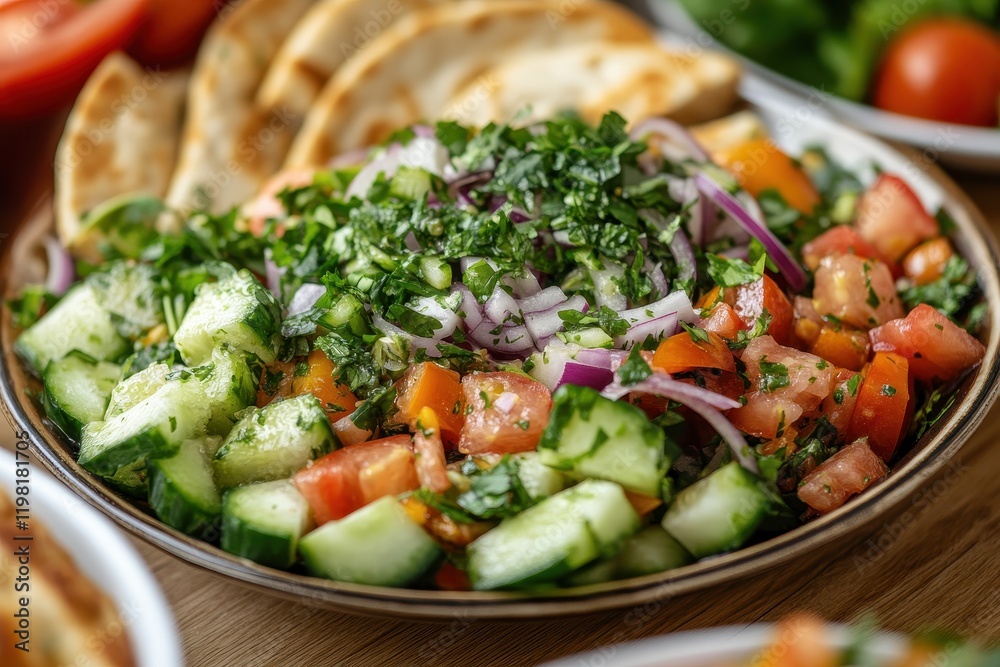 Classic fattoush salad served with pita croutons cucumbers tomatoes red onions mixed vegetables and herbs Classic fattoush salad served with pita croutons cucumbers tomatoes red onions mixed vegetables and herbs